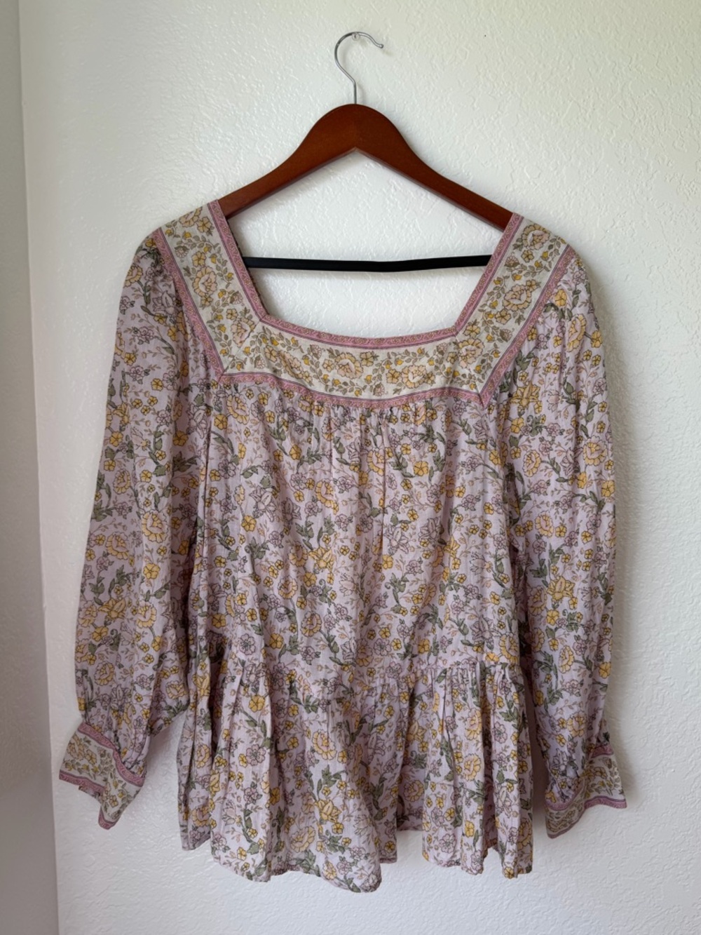 American Eagle Outfitters Pink Floral Square-Neck Tunic with Yellow Accents